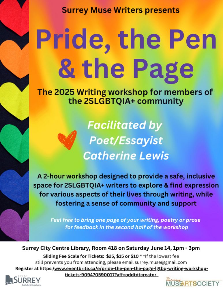 Event poster for Pride, the Pen & The Page - Writing Workshop for members of the 2SLGBTQIA+ community