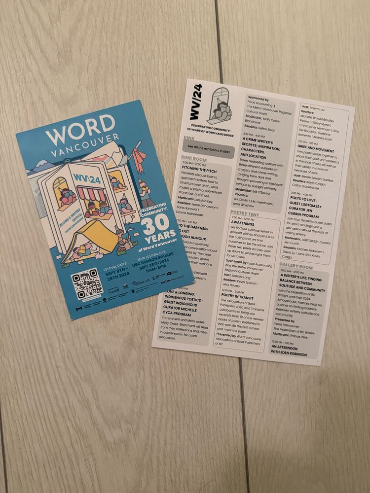 Word Vancouver flyer and program stating “Celebrating Community: 30 Years of Word Vancouver”