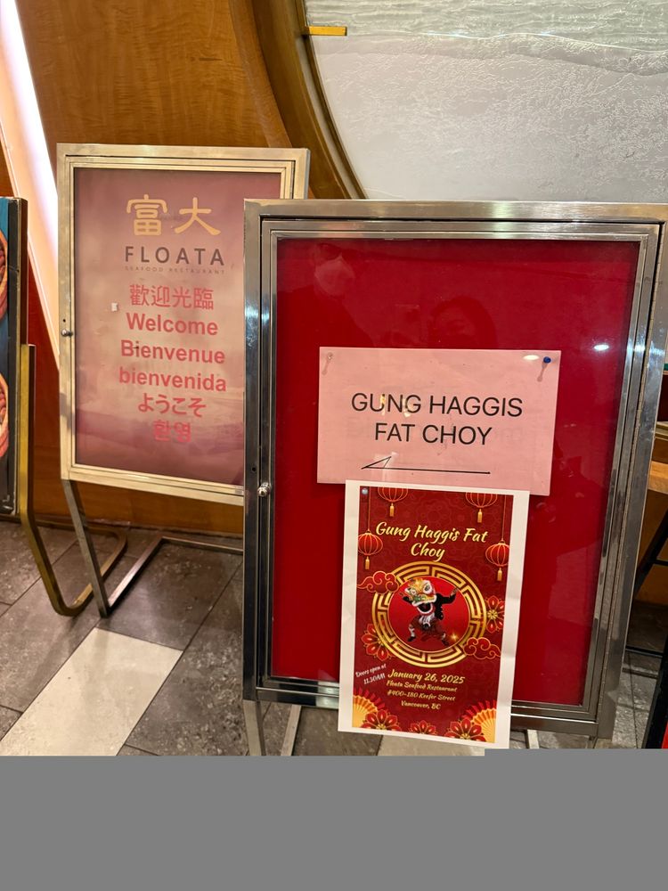 Gung Haggis Fat Choy signage at Floata Seafood Restaurant
