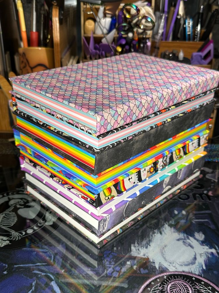 A pile of books, some with pages that are rainbow. Some with pages that are trans themed. The covers are a variety of lovely fabrics. Rainbows, scales, butterflies, the moon…