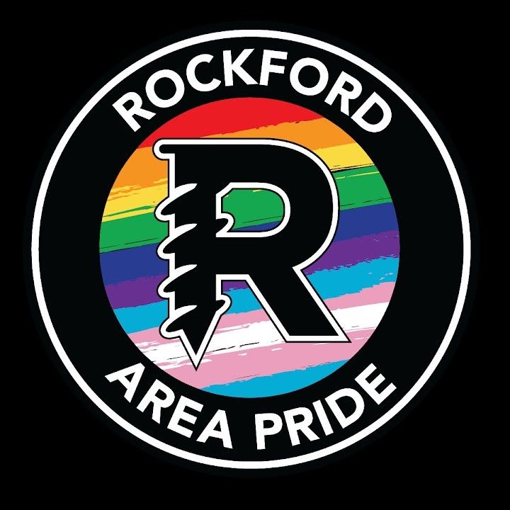 The Rockford Area Pride logo. An R where the shaft on the left is made of a screw and the background is the pride flag. 