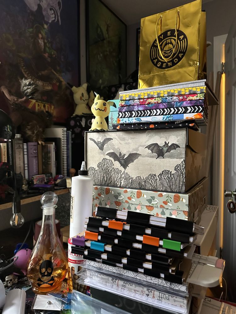 A pile of crafts. You can see finished books at the top, books in binders in the middle, and books ready to sell at the very bottom. 
The background has a lot of fun things. A decanter with a skull and cross bones, several mimikyu,and Zelda posters. 