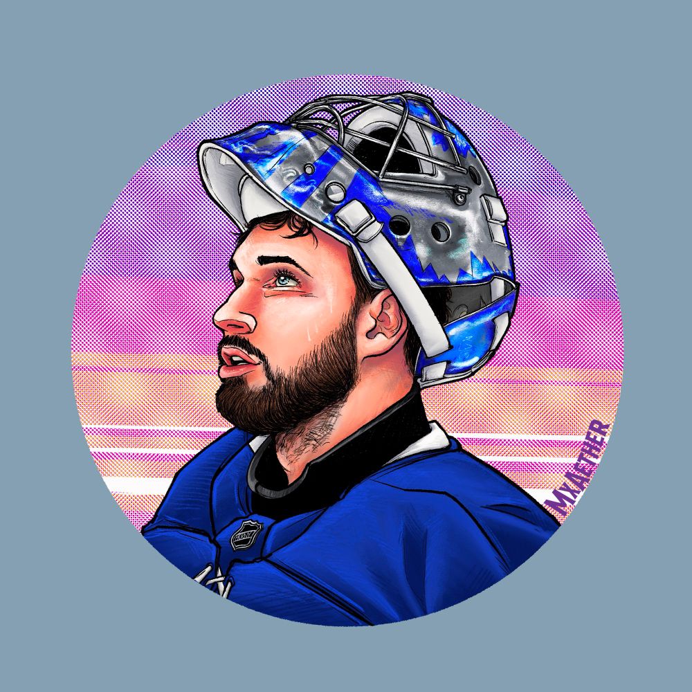 headshot stylized realism drawing of Stolarz with his goalie helmet pulled up on a halftone sunset circle background 