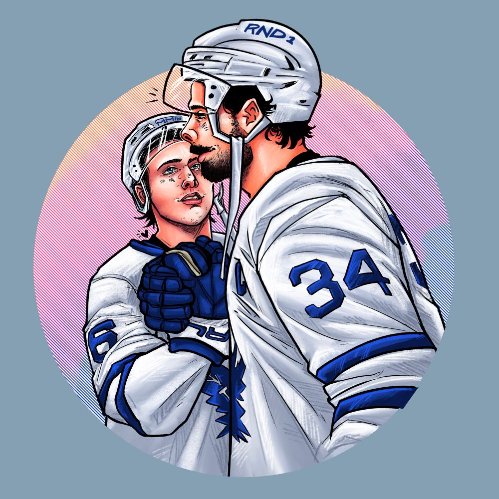 stylized drawing of mitch marner and auston matthews grabbing each others gloves in celebration on a gradient halftone background 