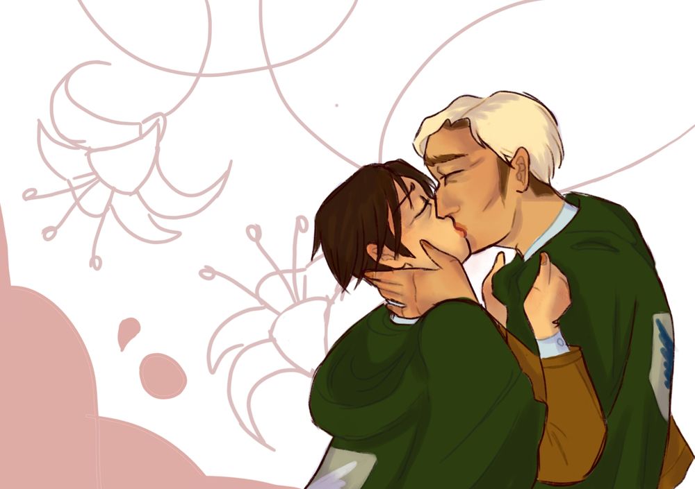 a fanart depicting Levi and Erwin from the show Attack On Titan kissing desperately. the context is, it's their first kiss, also being their last one, as it happens in Shiganshina right before Erwin's charge. 