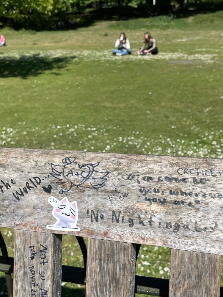 A heart with wings and devil horns and A+C drawn on the bench, “no nightingales”, “I’ll come to you, wherever you are”.