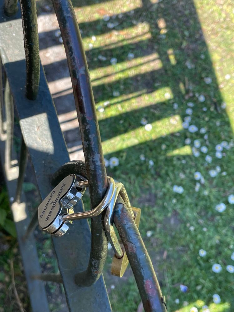 The ineffable love locks on the fence behind the bench.