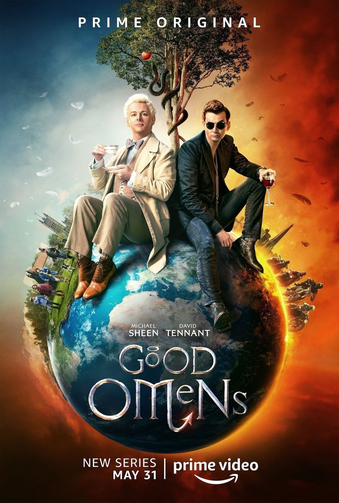 Good Omens season 1 poster with Aziraphale and Crowley sitting on the Earth and a tree between them.