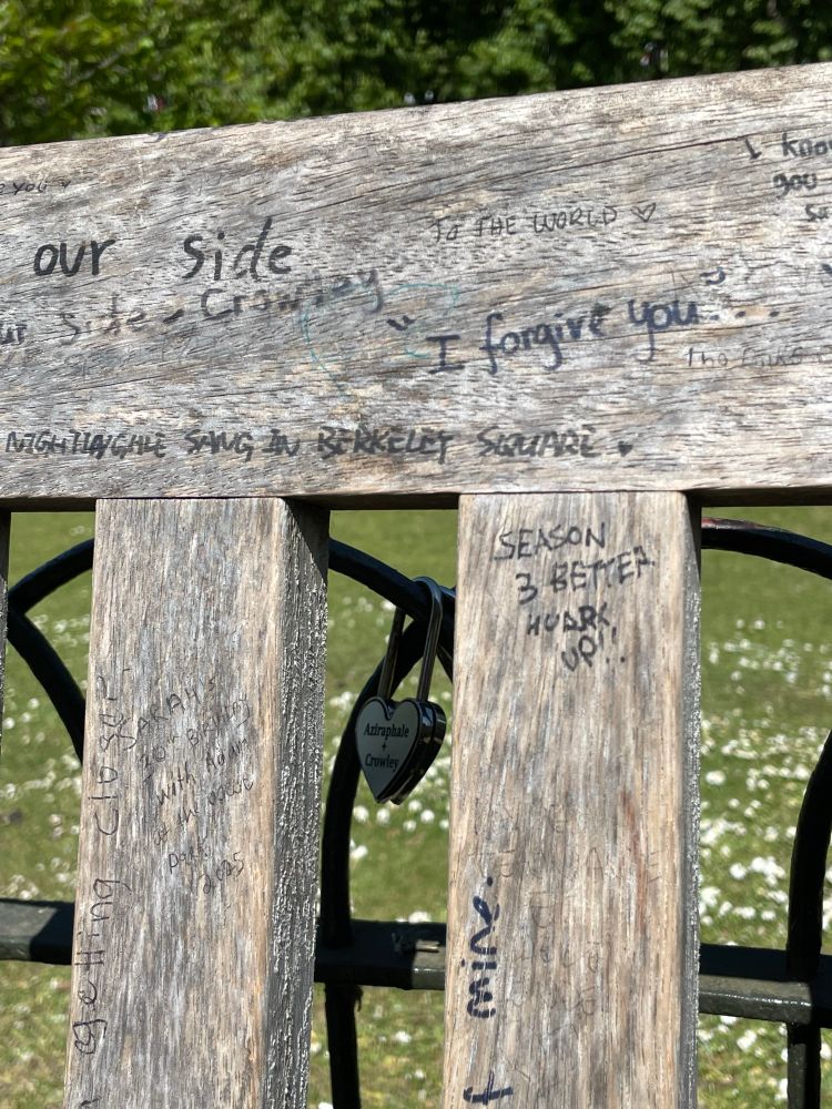 Close up of the bench through which you can see the ineffable love locks.