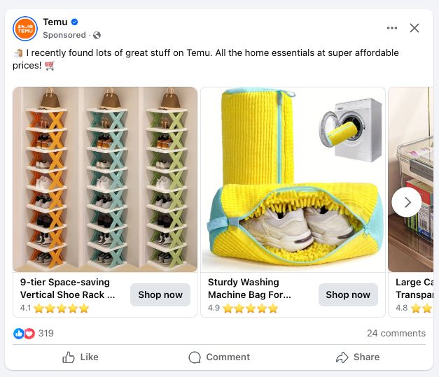 Ad for Temu showing lots of cheap rubbish.