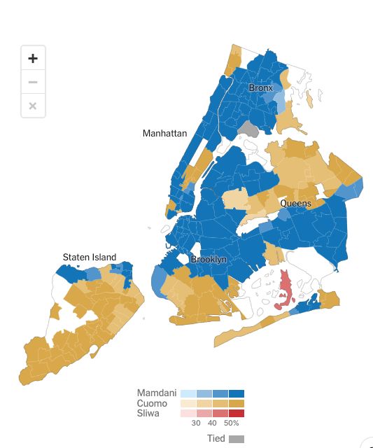 A map of New York City shows Mamdani carrying most neighborhoods, with Cuomo winning some, and just one small area carried by Sliwa.
