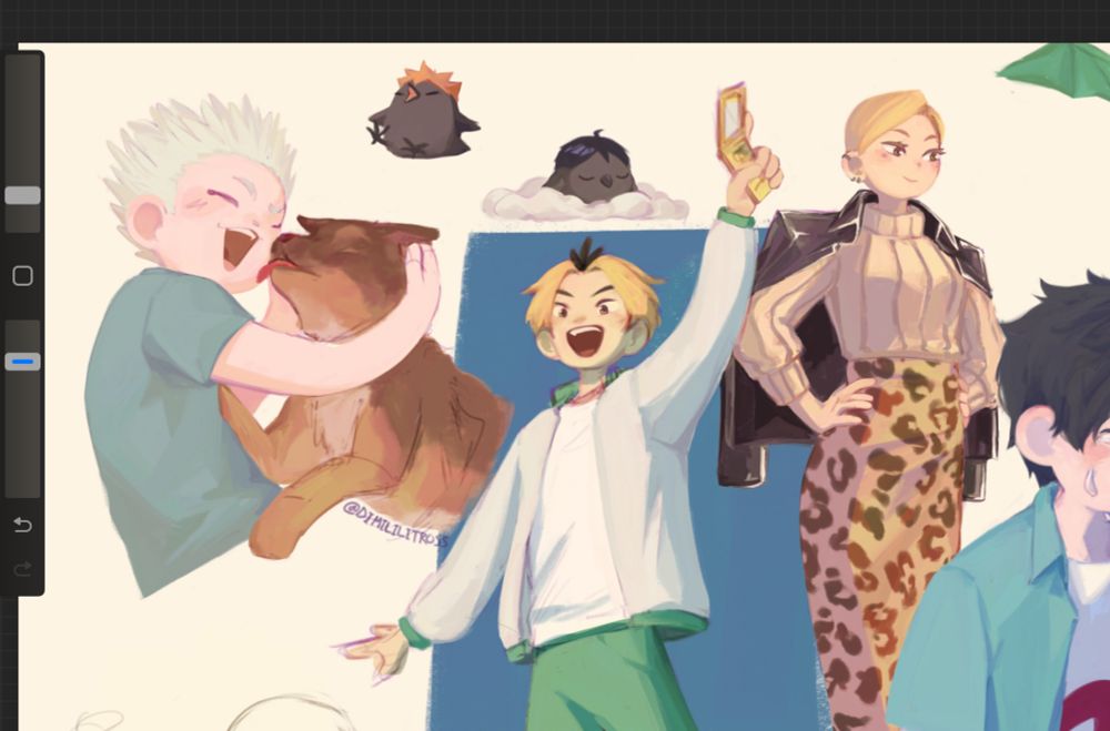 Five digital doodles of characters from "Haikyuu!". From left to right, the first is Hoshiumi as a child being licked on the cheek by a little Kotarou (Hirugami's dog). The second and third are two littles Hinata and Kageyama in their crow version, Hinata happily grazing, flapping his wings sitting up, and Kageyama sleeping peacefully on a fluffy cloud. The fourth is a redrawing of Koganegawa running with his phone in hand to get the emails from his training camp companions. And the last is Saeko (Tanka's sister) with her timeskip look, standing tall and proud, hands on her hips.