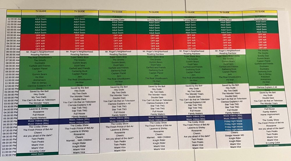 A printed television schedule.