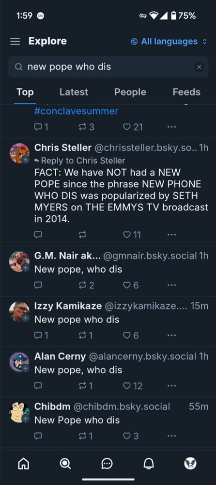 A screenshot of many other blue sky posts all saying New pope who dis