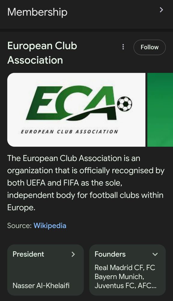 Screenshot saying "The European Club Association is an organization that is officially recognised by both UEFA and FIFA as the sole, independent body for football clubs within Europe"