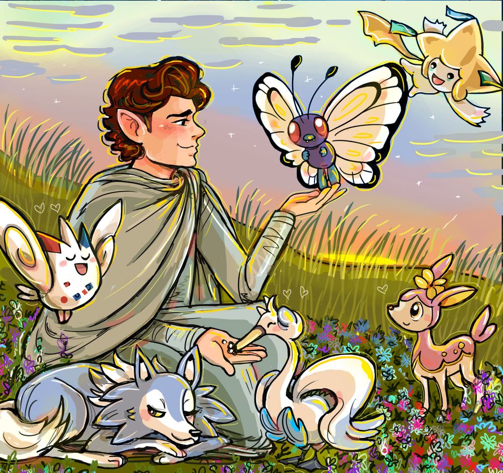 Elrond and his pokemon team: butterfree landing on his palm, jirachi flying in the air, togekiss by his side, a shiny lycanroc napping next to him, a swanna eating from his hand, and a deerling in spring form, his pokemon obviously love him very much <3