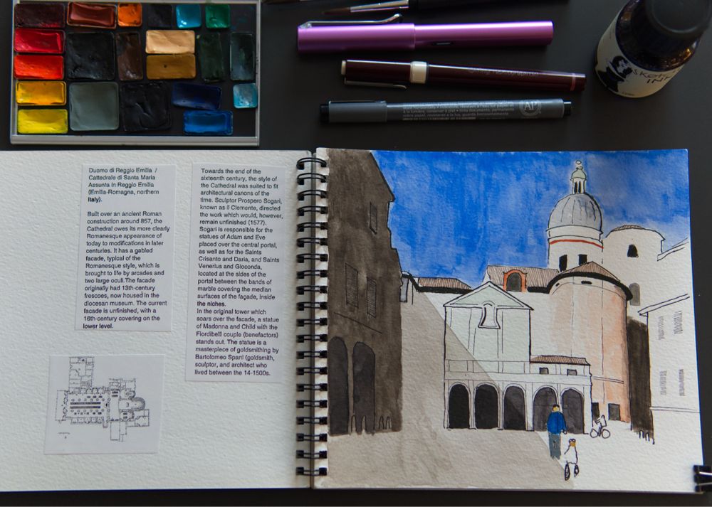 Watercolor sketch of an old church in Northern Italy.