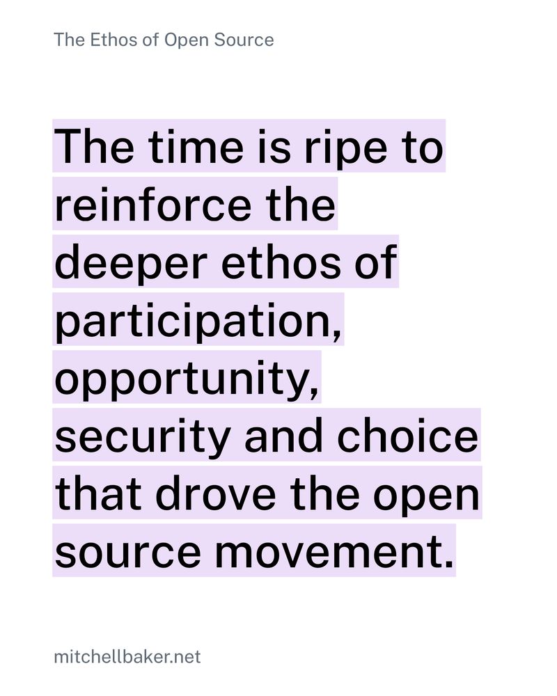 An image of a slide titled “The Ethos of Open Source” featuring the quote:

“The time is ripe to reinforce the deeper ethos of participation, opportunity, security and choice that drove the open source movement.”

At the bottom is the attribution “mitchellbaker.net.”