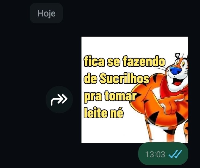 Print de conversa no WhatsApp com uma figurinha em tom de brincadeira escrito "fica se fazendo de Sucrilhos pra tomar leite né" e ao lado o mascote tigre do Sucrilhos Kellogg's