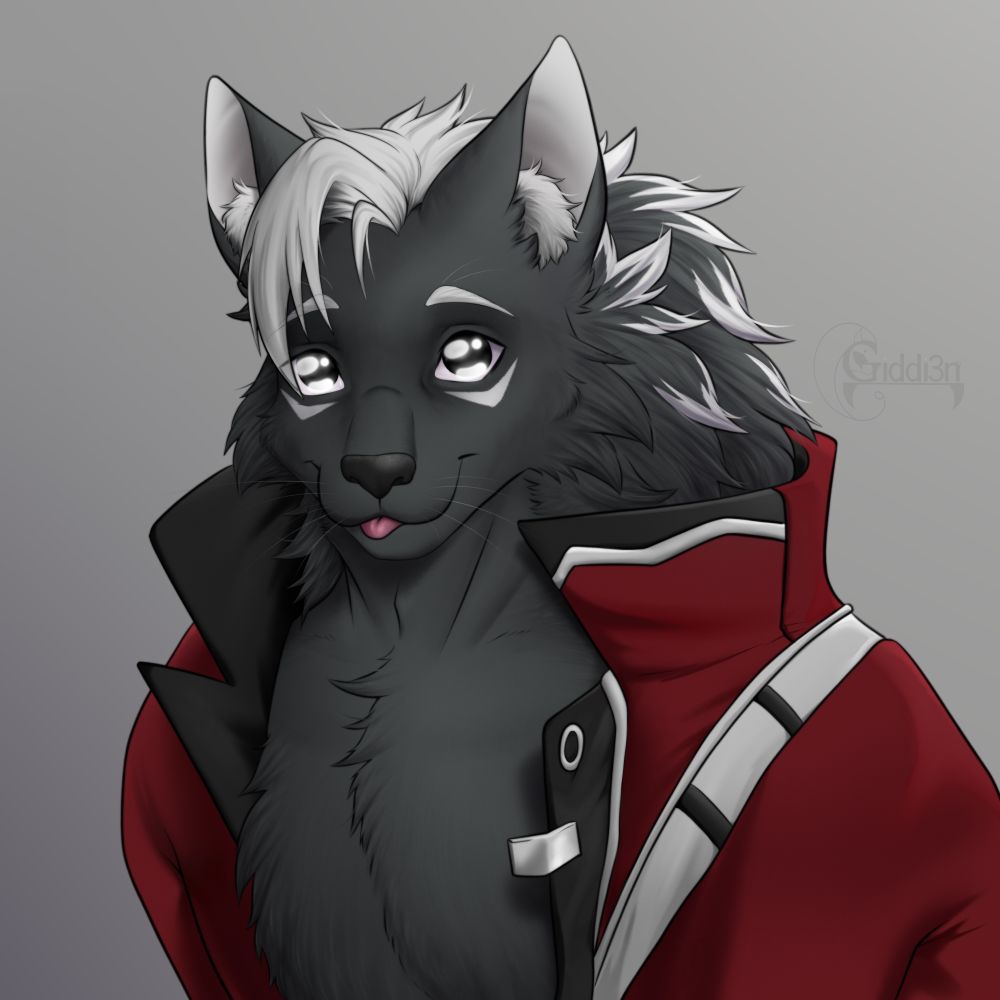 a bust of a anthro wolf, he's in a red jacket and doin a blep with big shiny eyes.