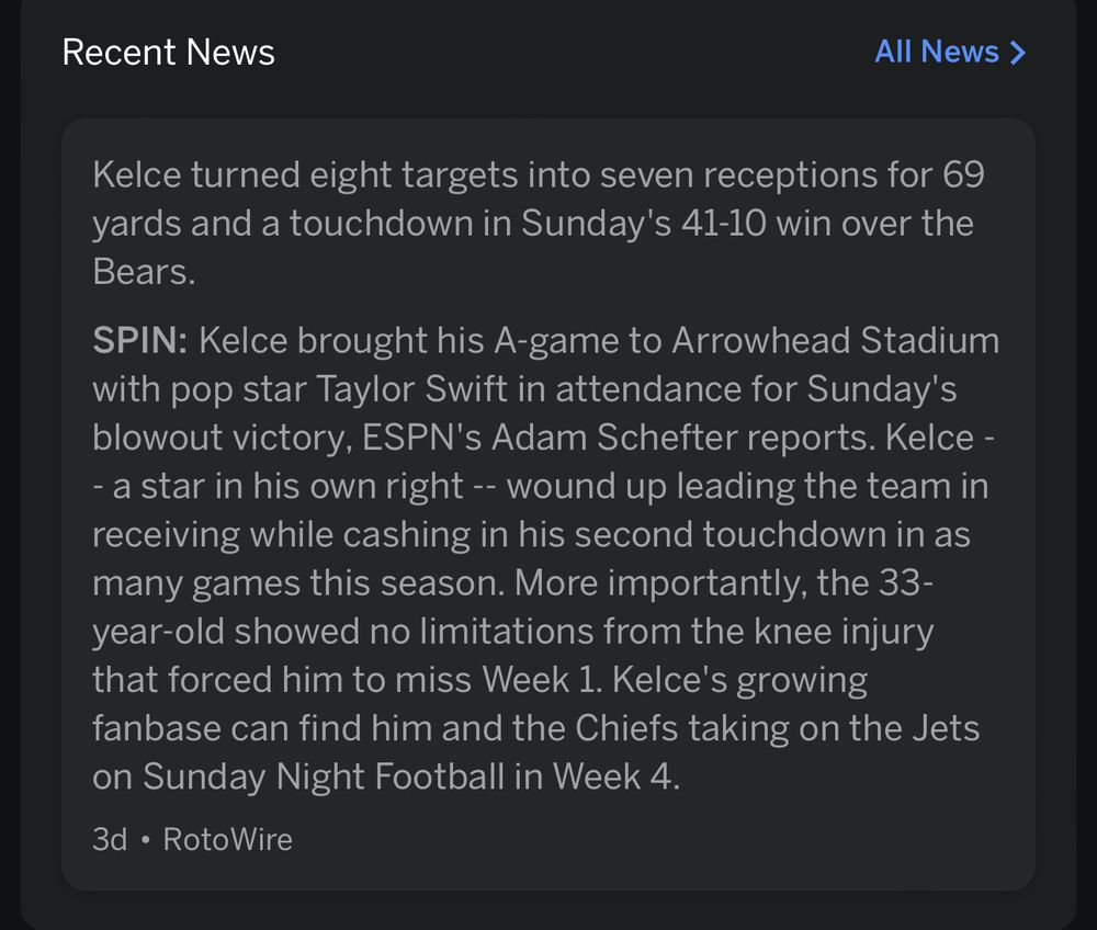 ESPN Fantasy Football app report on Travis Kelce, citing the presence of Kelce’s gf (Taylor Swift) as a contributing factor to his success