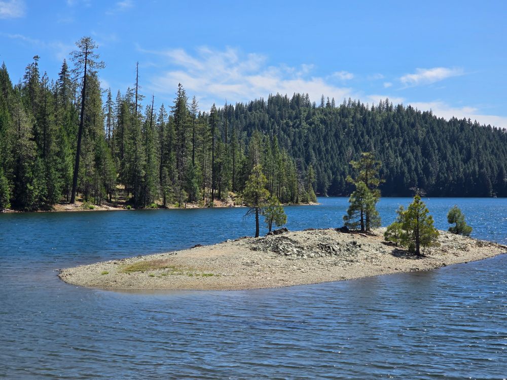 Sugar Pine Reservoir, a small island surrounded by water, and the pines in the distance. 