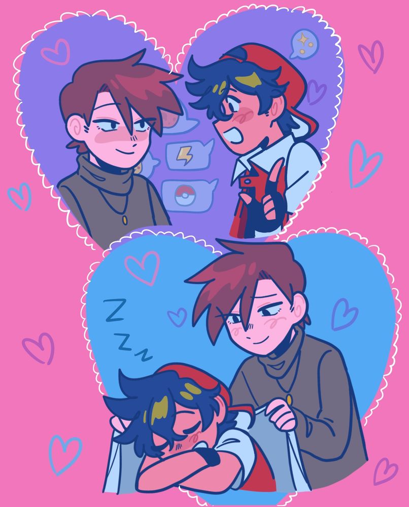 comic format. Green listening to Red’s pokemon talk. Green covering red with a blanket bcuz he fell asleep on the table or something.