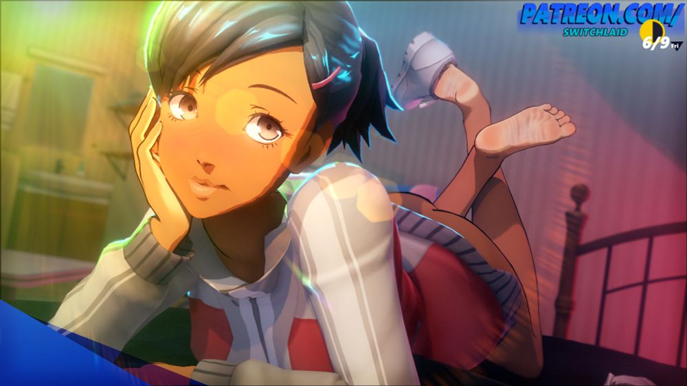 Yuko from Persona 3 relaxing on her bed with her feet up