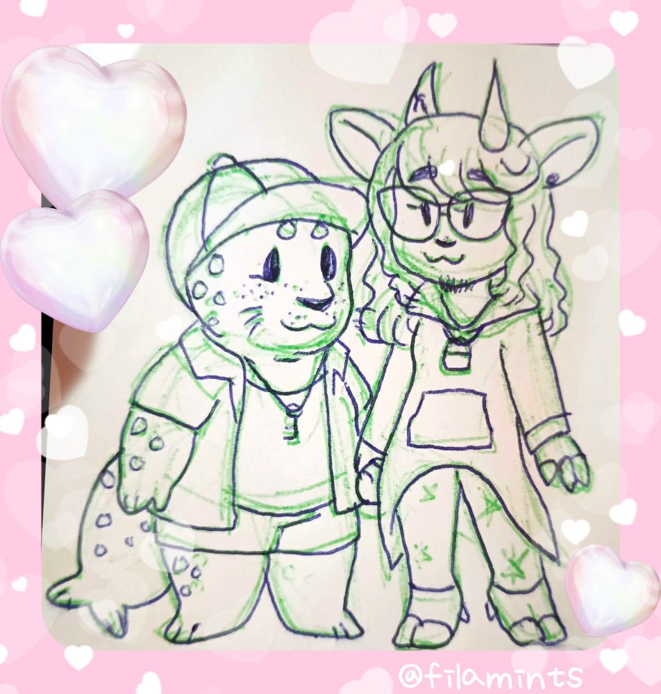 a drawing of a short fat anthropomorphic seal and tall gothy anthropomorphic goat holding hands. he has a key necklace and she has a padlock necklace.