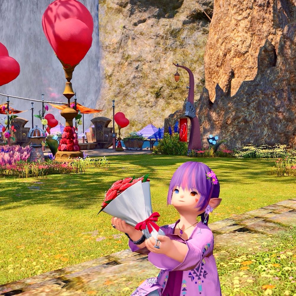 Cute lalafell presenting a bouquet of red roses to the viewer