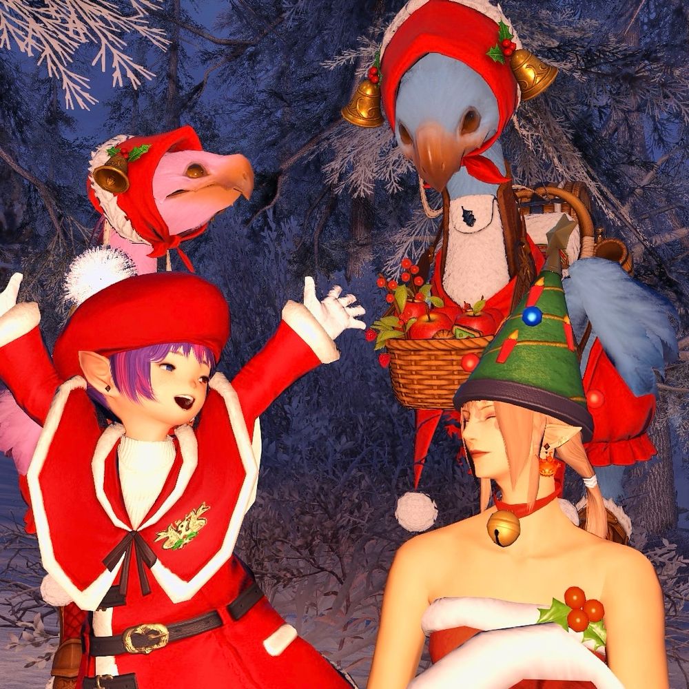Lalafell, Elezen, and their two Chocobos in a wintry forest