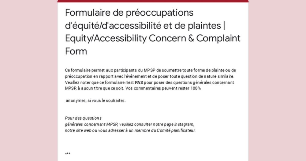 Formulaire de préoccupations d'équité/d'accessibilité et de plaintes | Equity/Accessibility Concern & Complaint Form