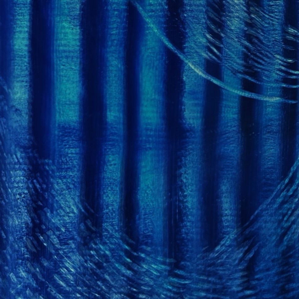 The details of an abstract artwork in deep blue tones, featuring interwoven stripes and flowing curves that resemble water ripples. The interplay of light and shadow creates a sense of depth, blending tranquility with tension.