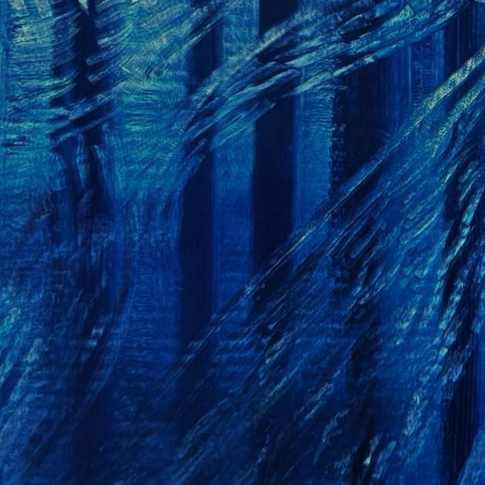 The details of an abstract artwork in deep blue tones, featuring interwoven stripes and flowing curves that resemble water ripples. The interplay of light and shadow creates a sense of depth, blending tranquility with tension