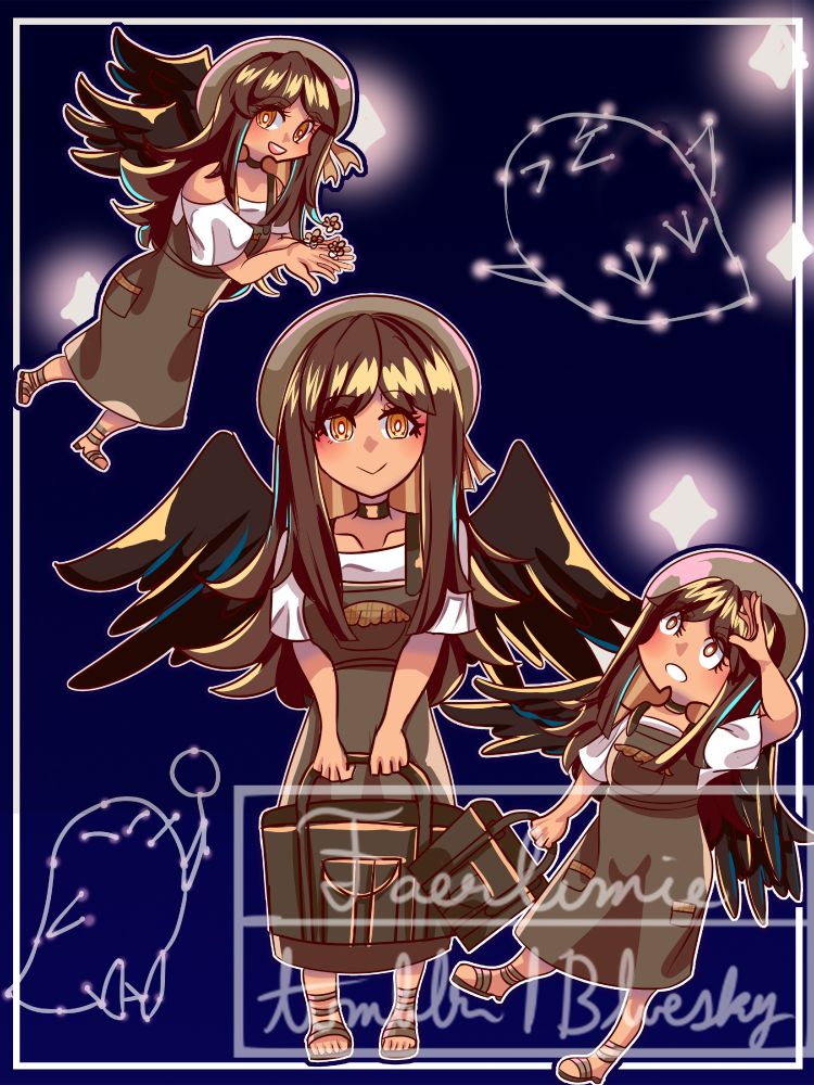 A young woman with wings is holding a suit case and looking at the viewer. In the upper left corner she has daisies in her hands. In the bottom right she is looking surprised at a chick-shaped constellation above her. There is another chick-shaped constellation in the lower left corner.