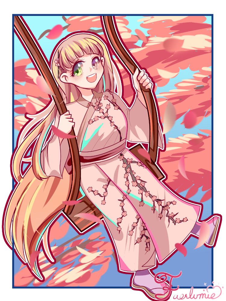 A pink haired woman in a kimono is swinging with a delighted expression on her face. 
