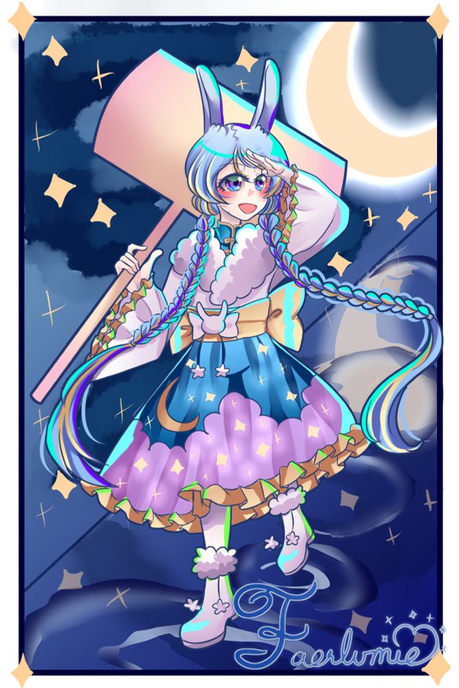 A bunny girl with long braids is looking to the distance while holding a mallet. She is stepping on a mirror-like surface reflecting the sky above.