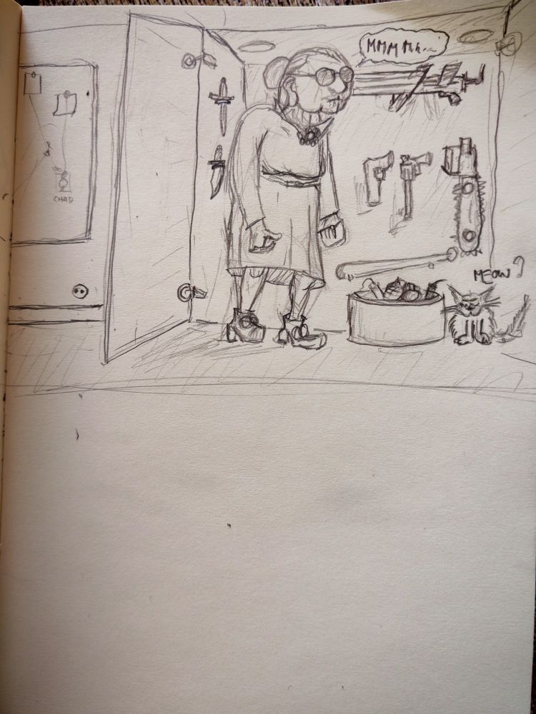 Dessin 3 : on voit Irma devant son dressing, mais qui est remplit avec des armes (couteaux, pistolets, battes, tronçonneuse, mitrailleuse). Au sol il y a une boîte à chapeau avec des grenades et des bâtons de dynamite. A coté de la boîte, il y a un chat qui dit "meow ?"
A coté du dressing on voit un tableau en liège avec des cartes punaisées et reliées entre elles par de la ficelle (on distingue "Chad" écrit dessus)
Elle dit : "Mmmmlh..." d'un air pensif