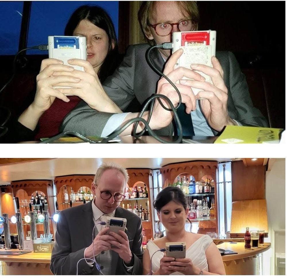 Top pic a woman and a man, arms locked playing pokemon red and blue with two game boys linked together. Bottom the same people in wedding attire playing the same games.