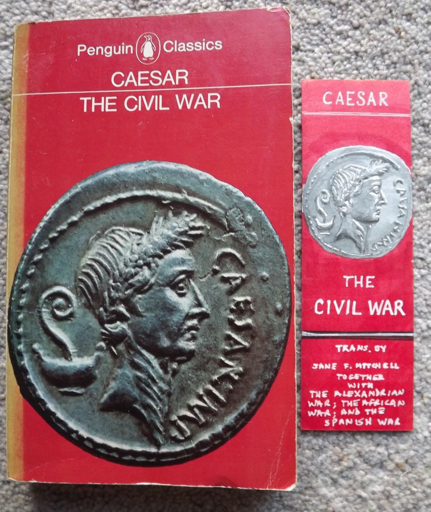 Penguin translation Caesar The Civil War with book mark, & image of a coin with Caesar's head in profile