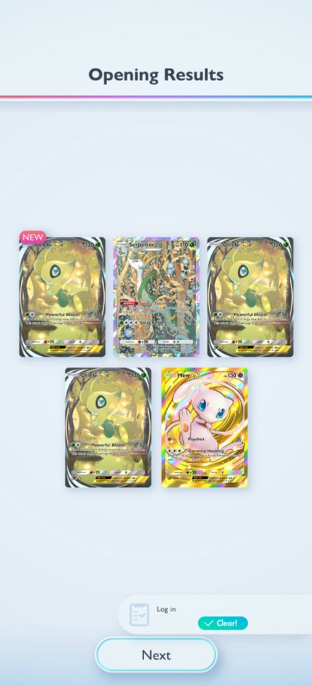 A pack pick featuring 3 Celebi EX's and a Mew EX from Pokemon TCG App