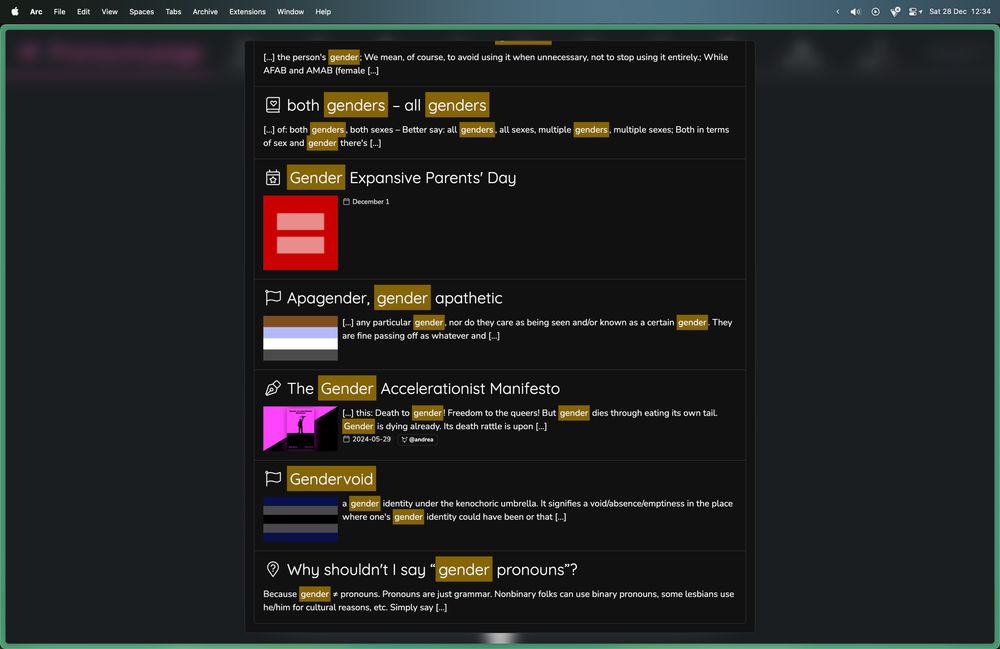 Screenshot of results of an example search term