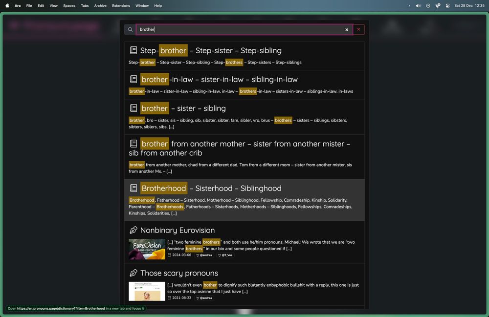 Screenshot of results of an example search term