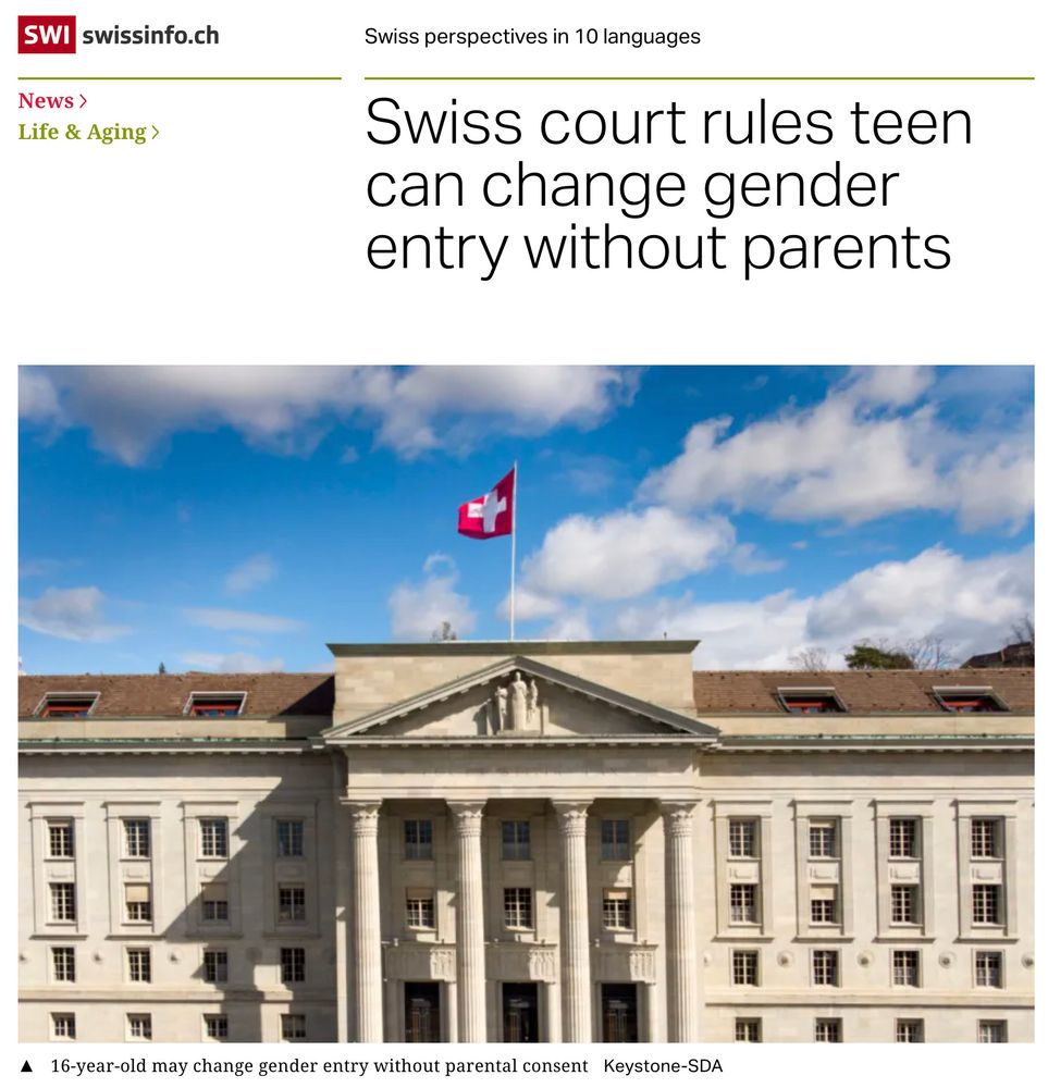 Screenshot of the article's headline: "Swiss court rules teen can change gender entry without parents". Below a picture of the Swiss Supreme Court.