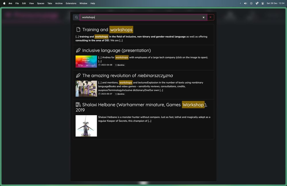 Screenshot of results of an example search term