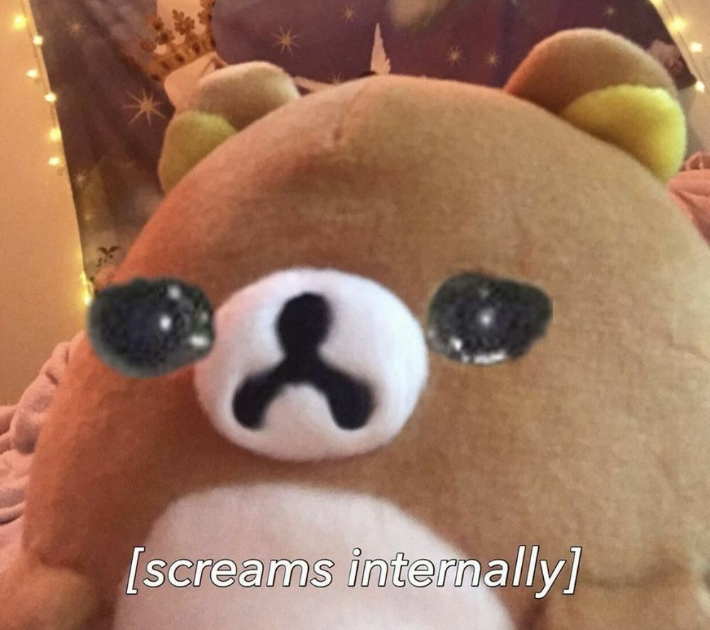 A bear with crying eyes with the words screams internally on it 