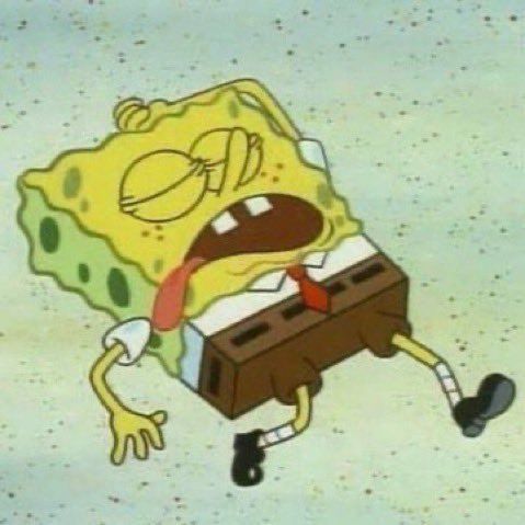 SpongeBob on the ground in a position that makes him look dead with his tongue sticking out