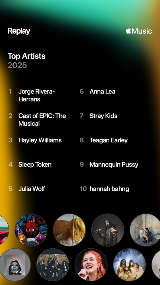 My Top Artists from 2025
Jorge Rivera-Herrans
Cast of Epic the musical
Hayley Williams duh
Sleep token 
Julia wolf
Anna Lea
Stray kids
Teagan Easley
Mannequin pussy
Hannah bahng 
