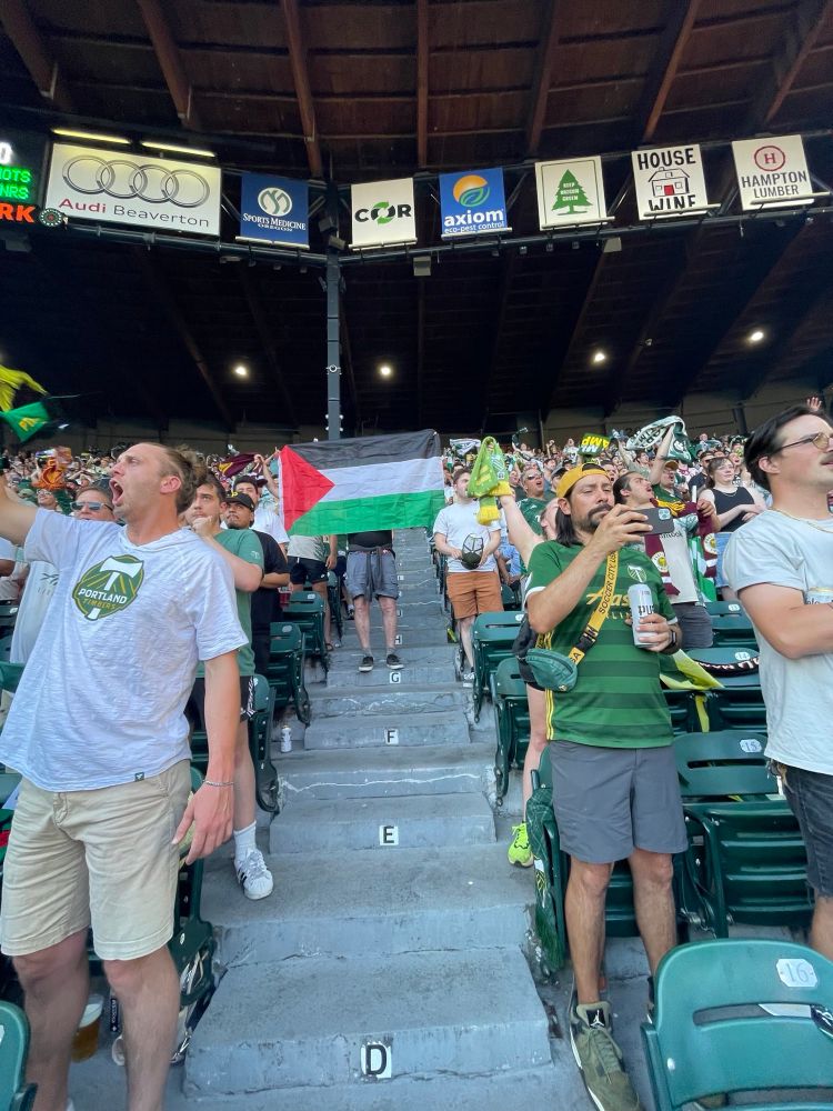 A fan holds a Palestinian flag in the North End during tonight’s match 