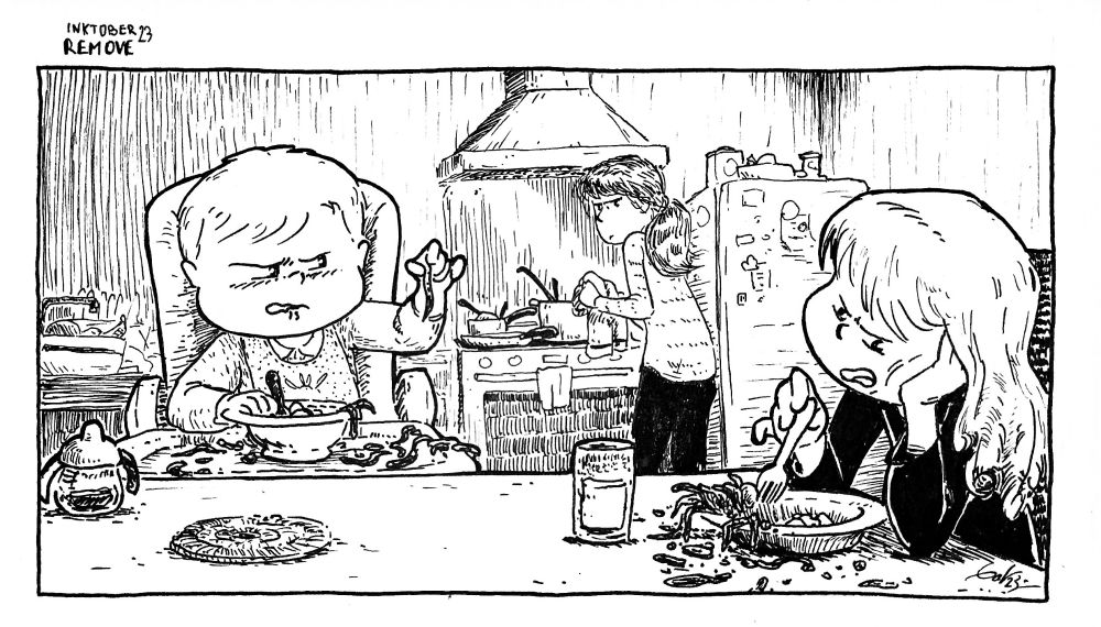 Ink drawing of two kids removing most of their food from their plates. In the background one of the parents is finishing cooking.